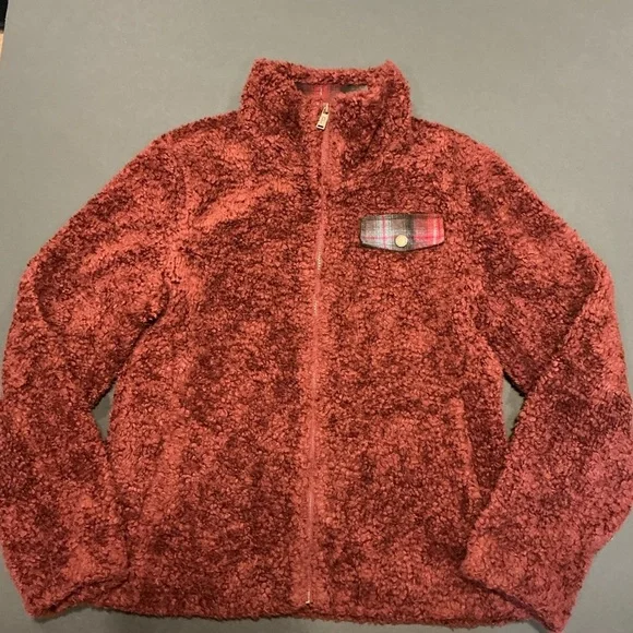 Pendleton Sherpa Fleece Zip Jacket Burgundy Plaid Wool Accent Women’s Small